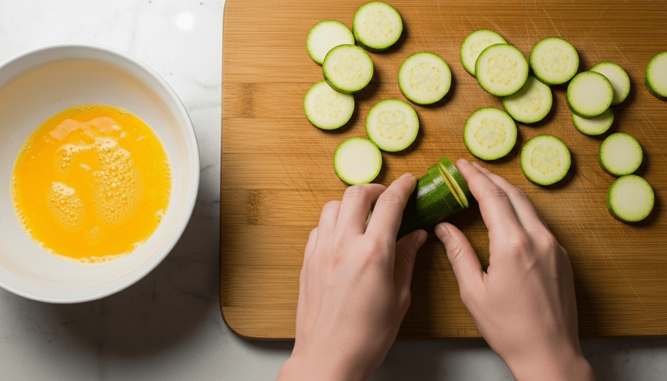 Hands slicing zucchini on a wooden cutting board next to a bowl of beaten eggs