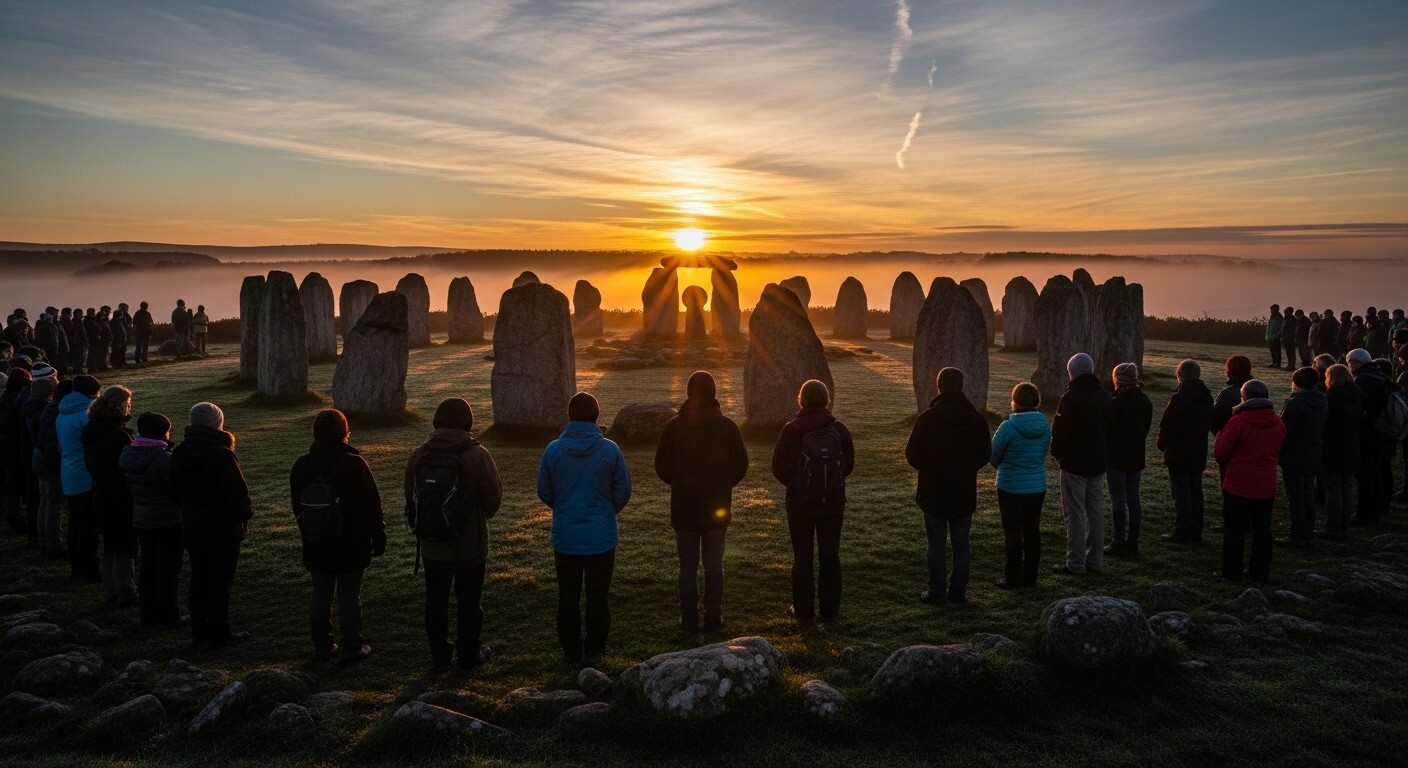 People gathered around the ancient stone circle of Carnac at sunrise, with the sun aligned between the stones.