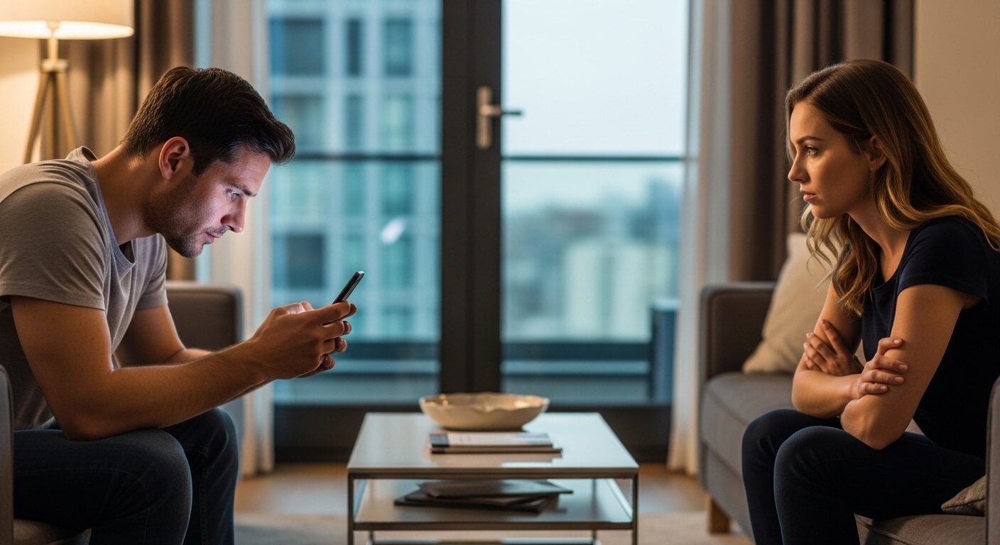 Man focused on phone while woman sits opposite with arms crossed in a modern living room.