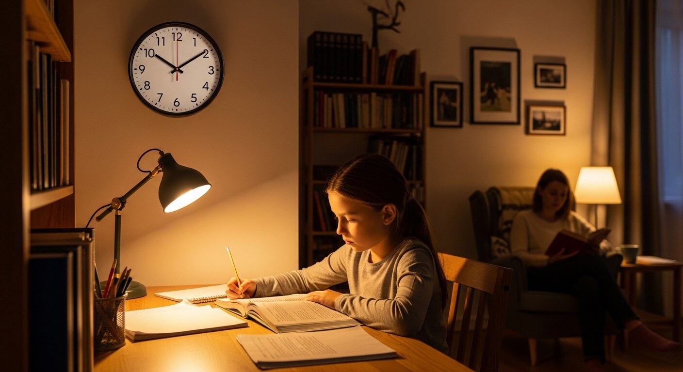 Girl studying at a desk under a lamp while a woman reads a book in the background in a cozy room at 10:10 PM.