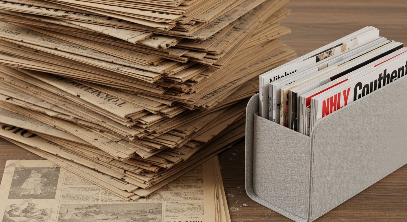 Stack of old newspapers next to a gray magazine holder containing current magazines including NHL and Southern Living.