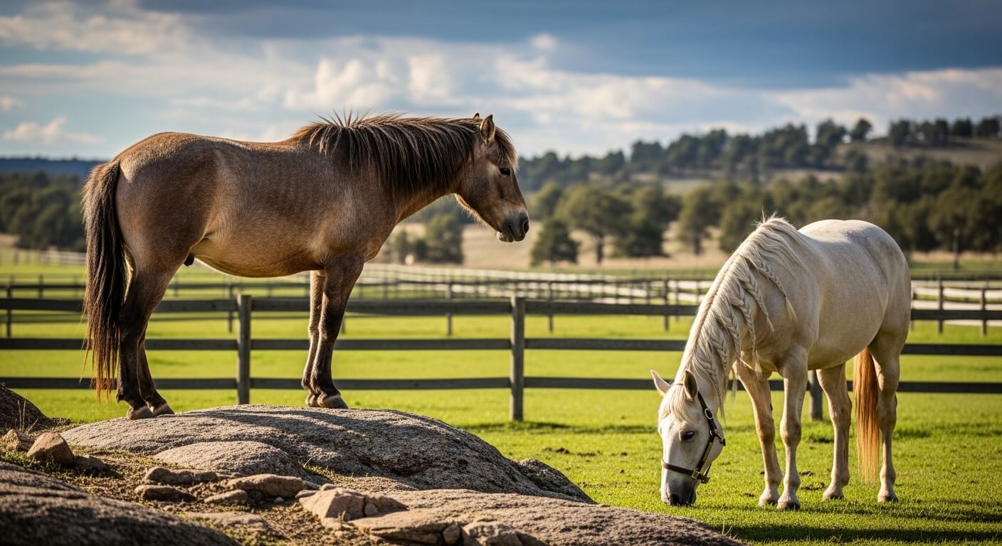 Brown horse standing on a rock and white horse grazing in a fenced green pasture under a cloudy sky