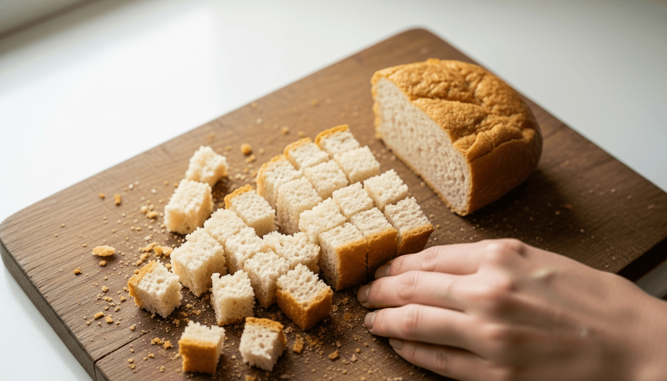 Hand cutting white bread into small cubes on a wooden cutting board with crumbs scattered around.