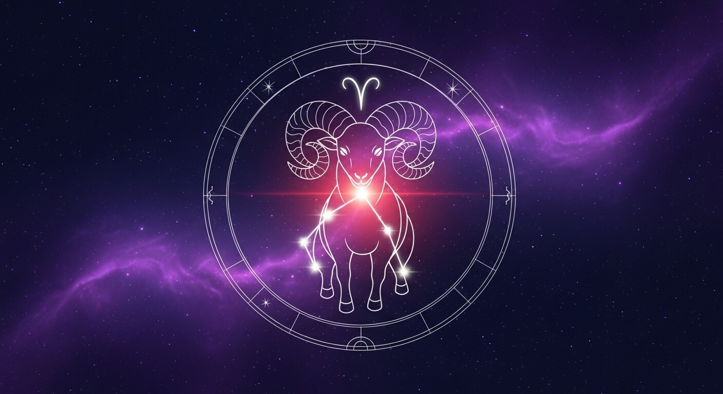 Aries zodiac sign symbol with ram and constellation on a purple starry cosmic background