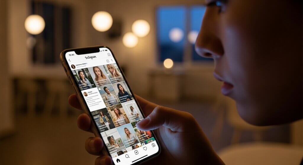 Person holding smartphone browsing Instagram profiles in a dimly lit room with blurred lights in the background.