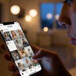 Person holding smartphone browsing Instagram profiles in a dimly lit room with blurred lights in the background.
