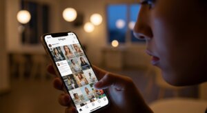 Person holding smartphone browsing Instagram profiles in a dimly lit room with blurred lights in the background.