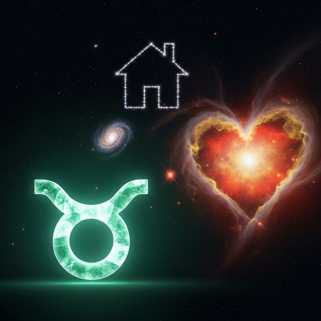 Simbol zodiak Taurus bersinar, konstelasi rumah, dan nebula berbentuk hati yang berapi-api di latar belakang luar angkasa.