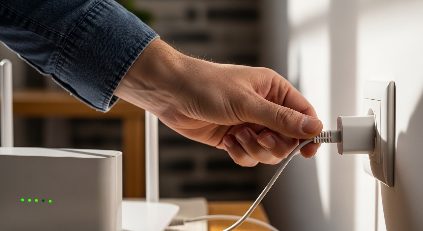 Hand plugging a white power adapter into a wall outlet next to a white Wi-Fi router with green indicator lights.