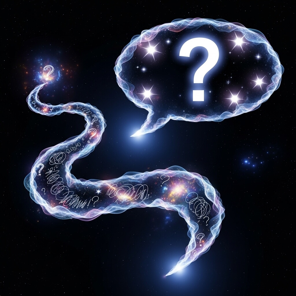 Gelembung ucapan kosmik bersinar dan nebula berputar-putar dengan tanda tanya di latar belakang luar angkasa