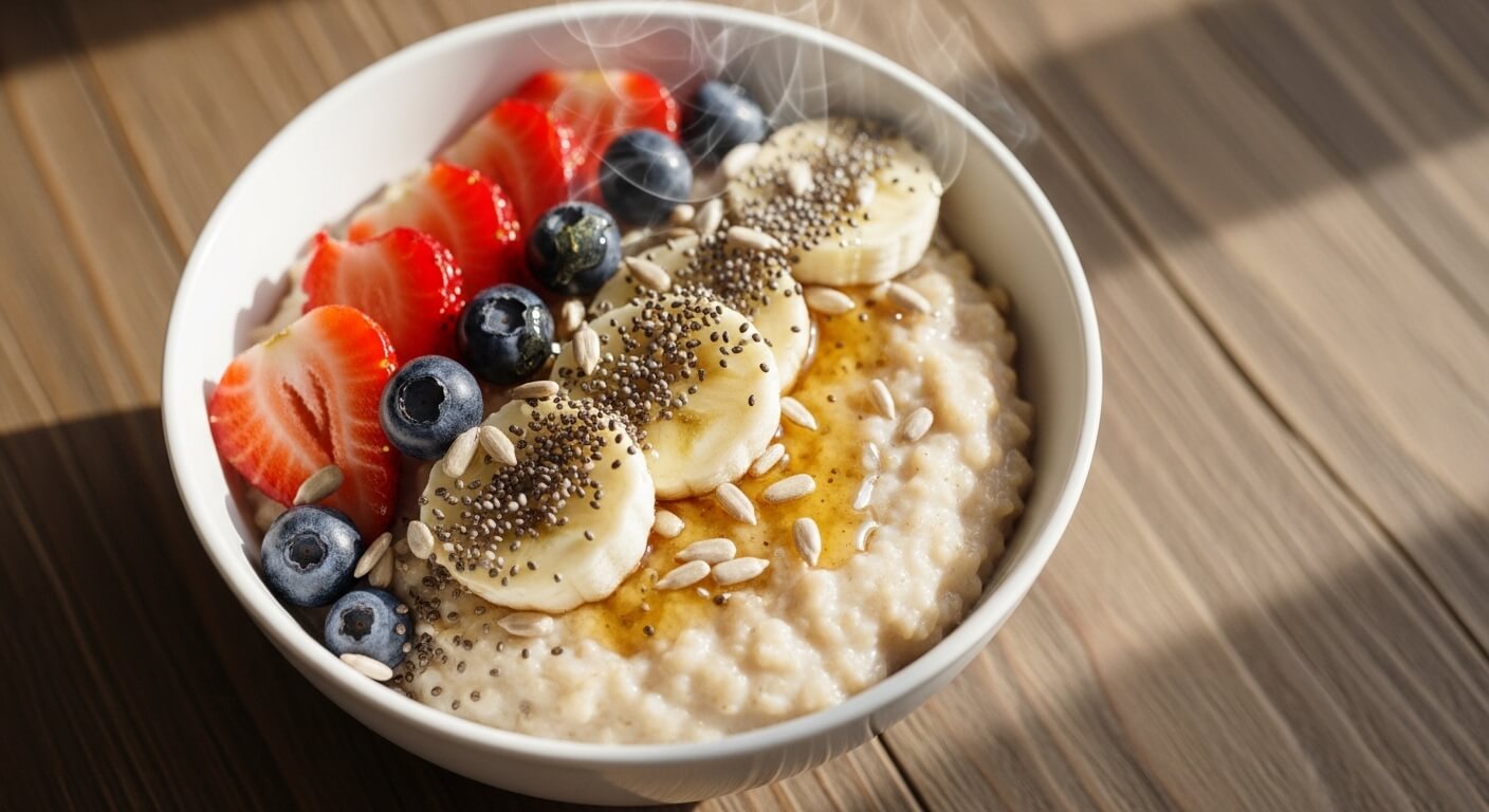 Steaming bowl of oatmeal topped with sliced strawberries, blueberries, banana, chia seeds, sunflower seeds, and honey