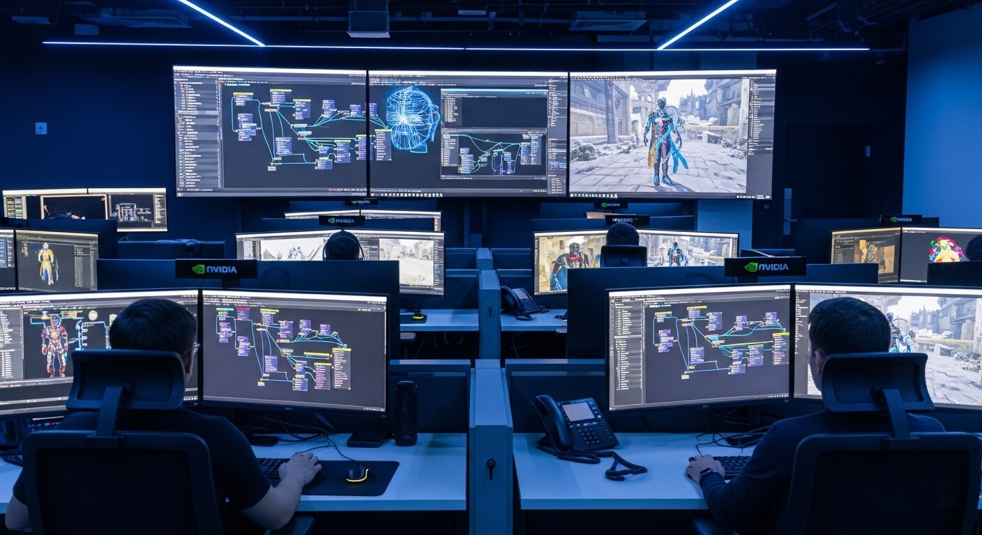 Developers working on 3D character modeling and animation software in an NVIDIA-branded office with multiple monitors.