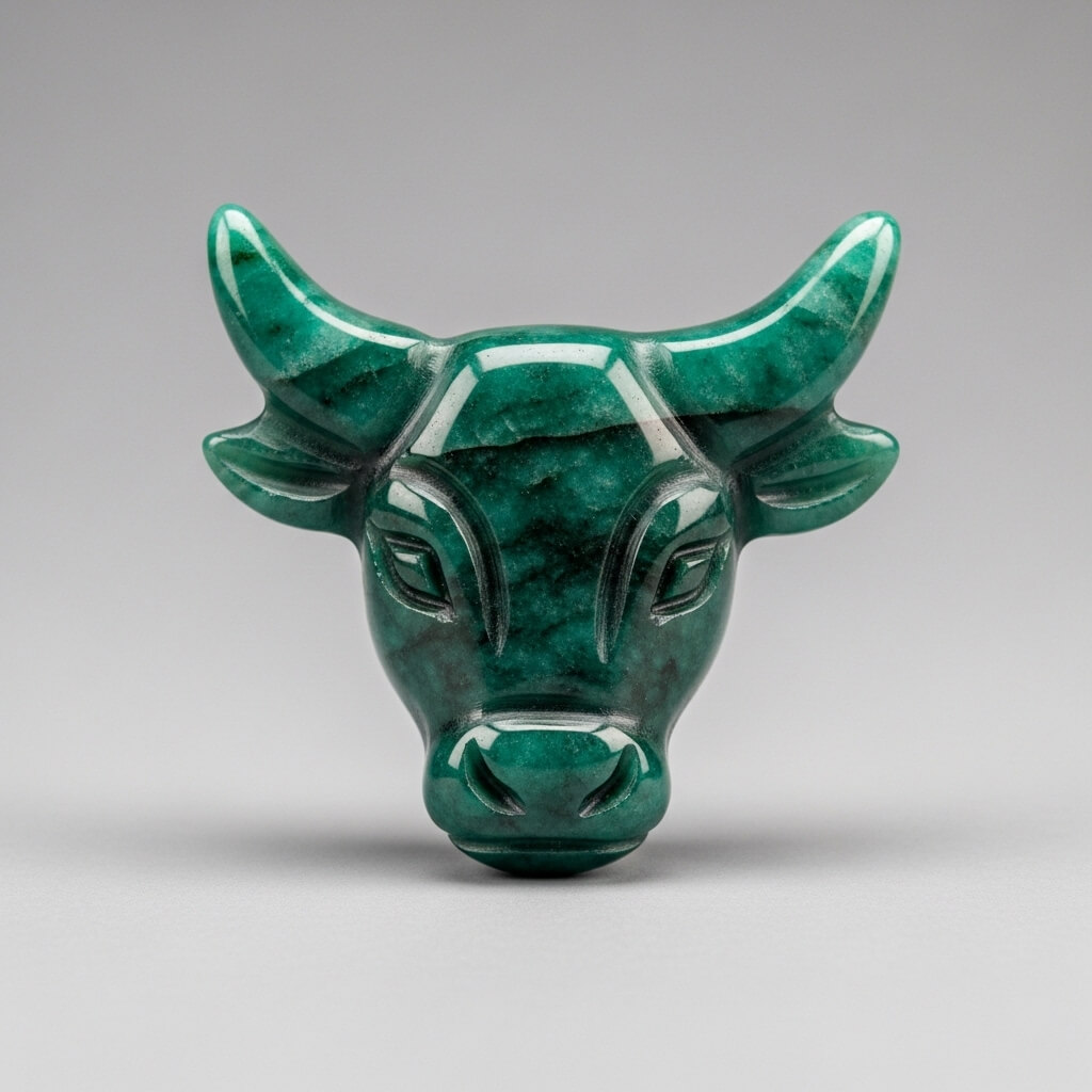 Green polished stone carving of a bull's head with prominent horns on a gray background