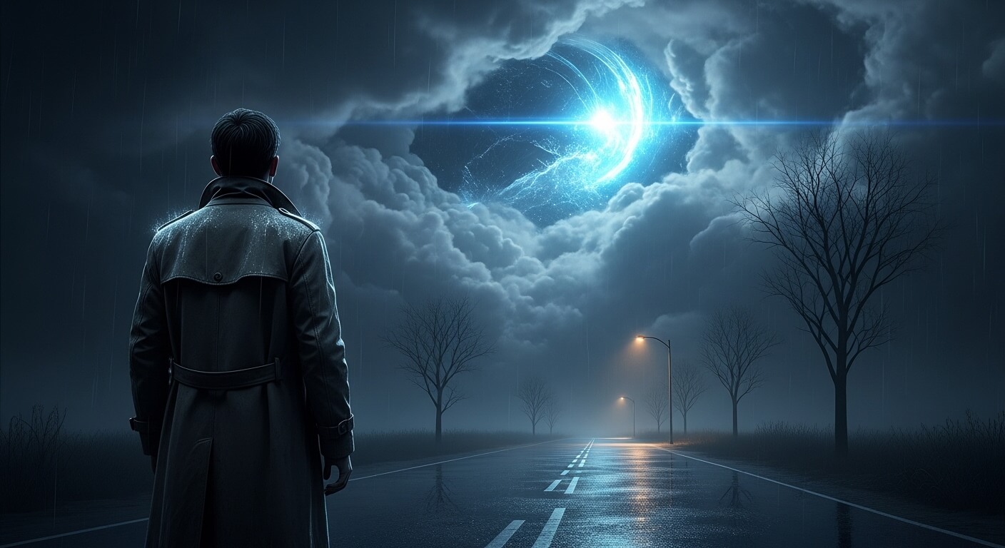 Man in trench coat standing on wet road under stormy sky with glowing blue celestial object breaking through clouds
