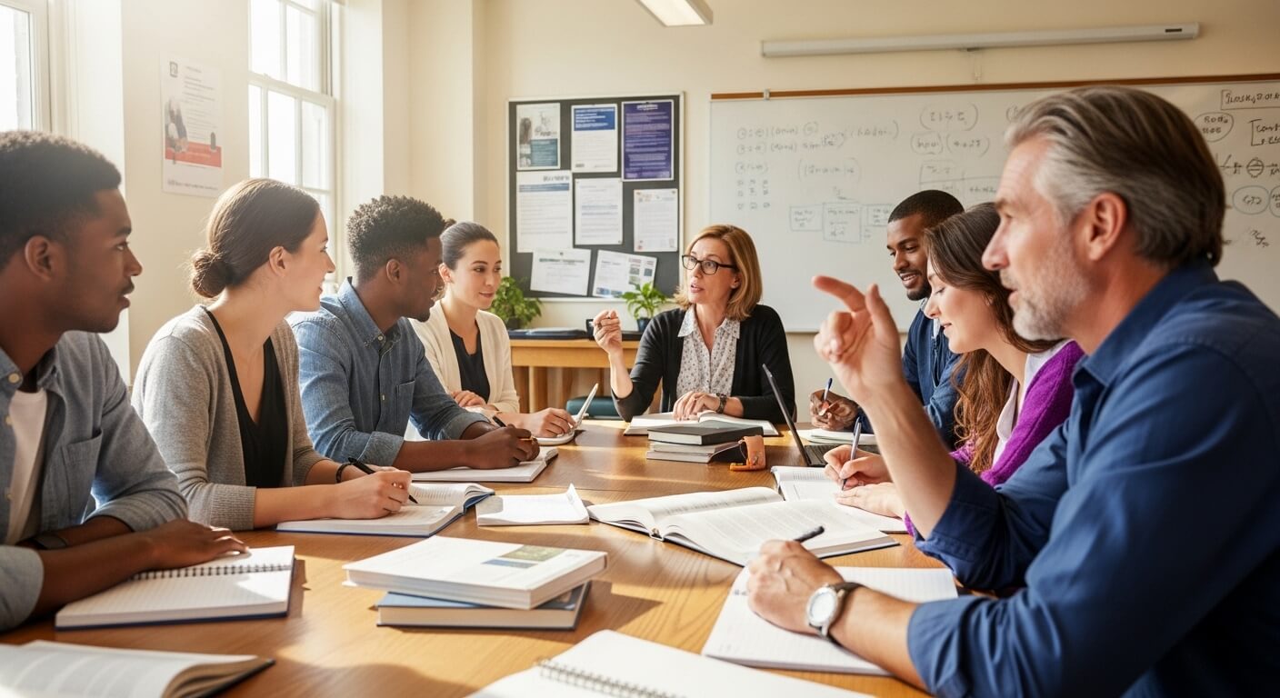 Diverse group of students and a teacher engaged in a classroom discussion around a table with books and notebooks.