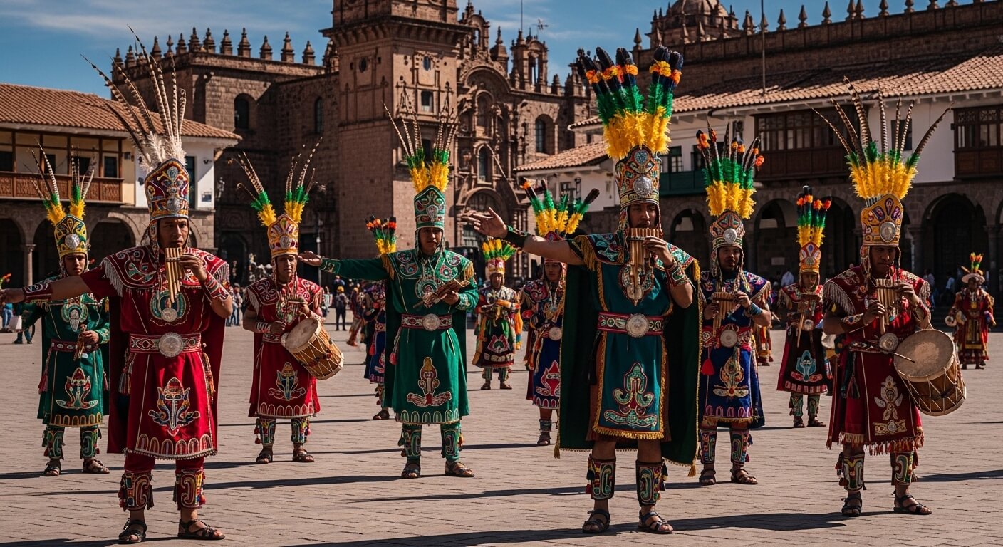 Musicians in traditional Andean attire playing pan flutes and drums in a historic plaza with colonial architecture.