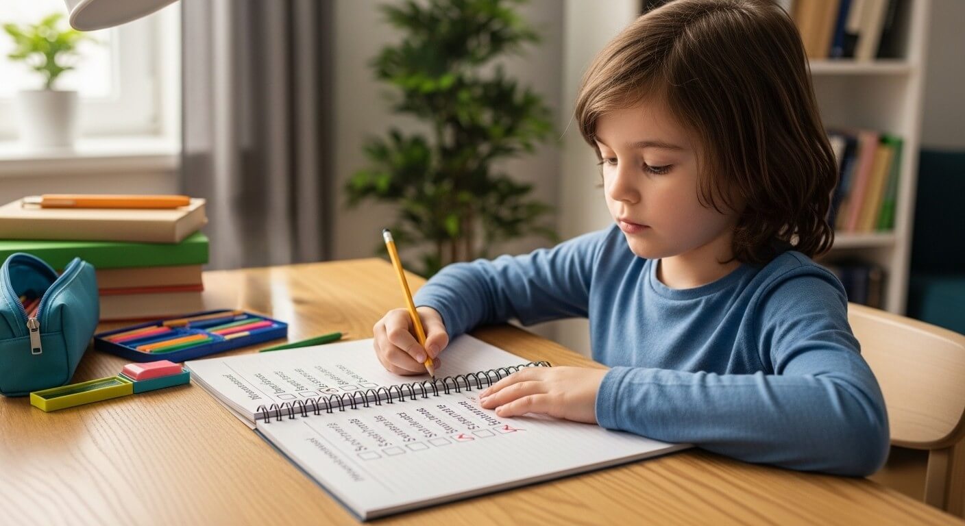 Child in blue shirt writing in a notebook with a checklist at a wooden desk with school supplies nearby