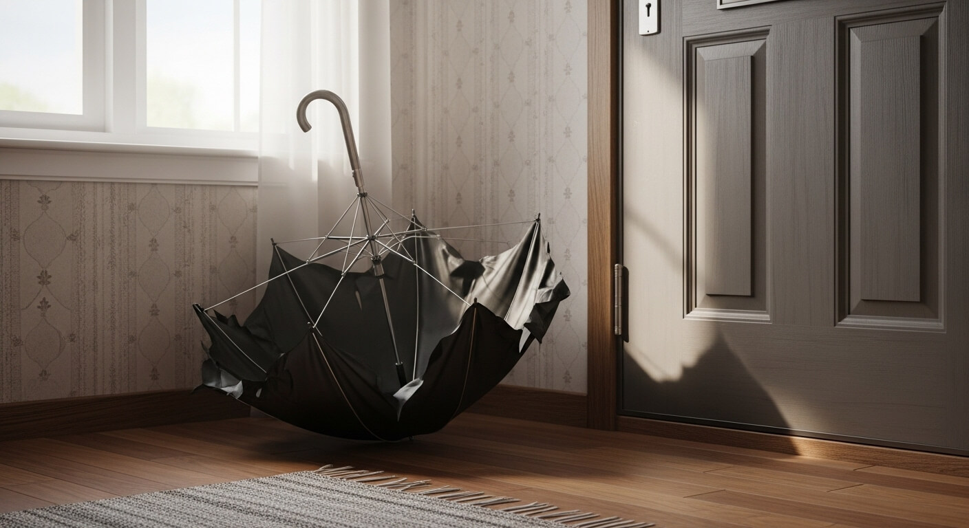 Broken black umbrella leaning against a wall near a closed wooden door in a sunlit room