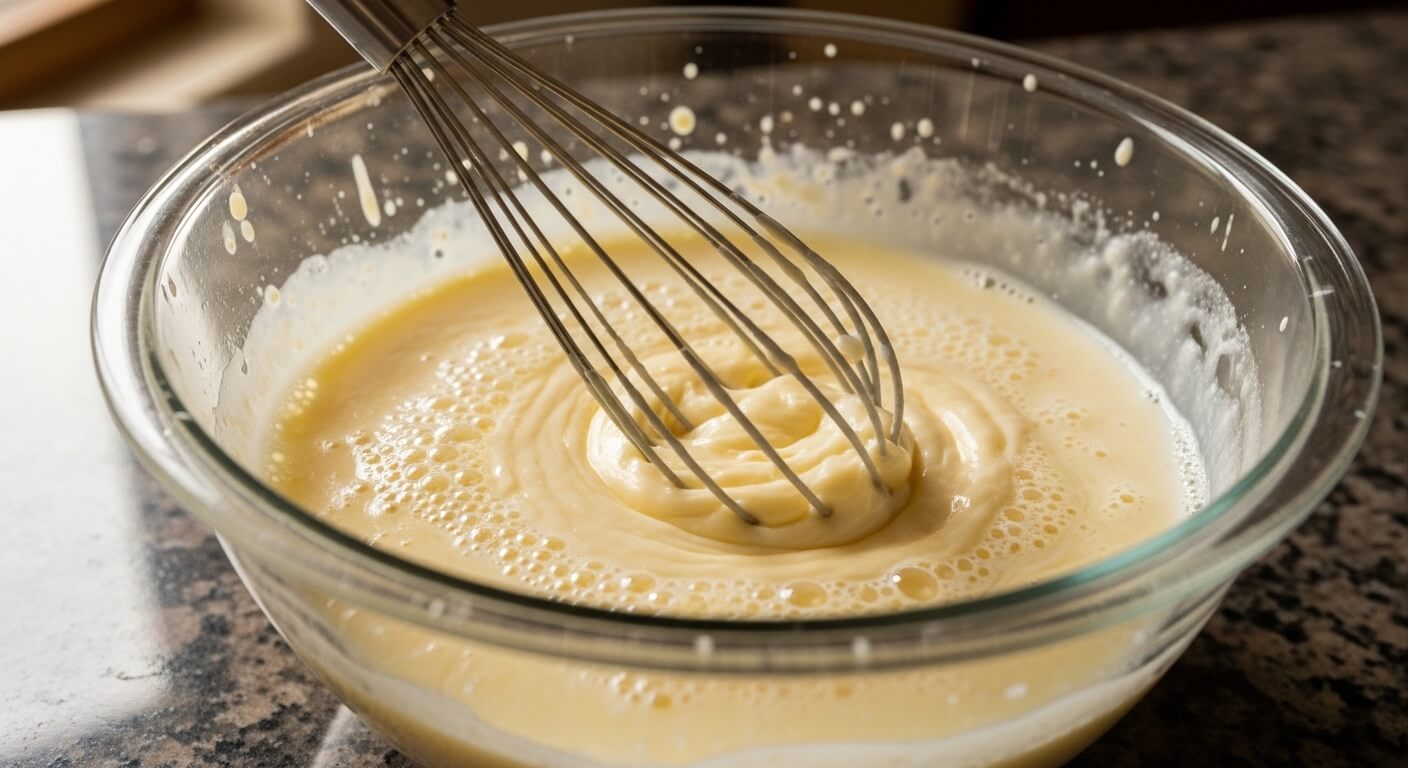 Whisk mixing creamy batter in a glass bowl on a granite countertop