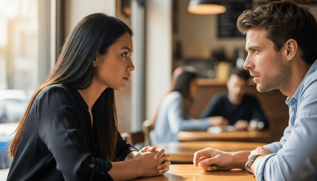 Man and woman sitting across from each other at a cafe table, engaged in a serious conversation.