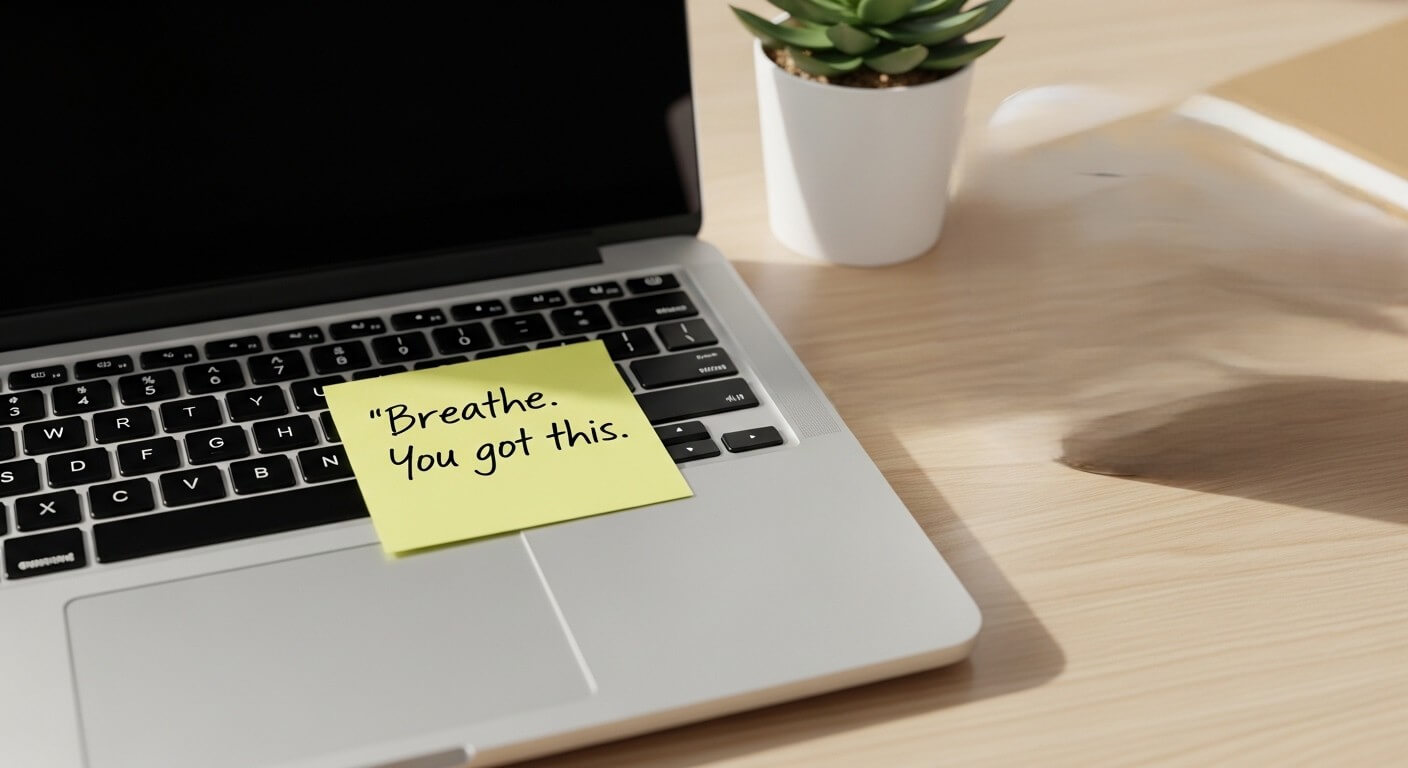 Laptop keyboard with a yellow sticky note reading "Breathe. You got this." next to a small potted succulent on a wooden desk.