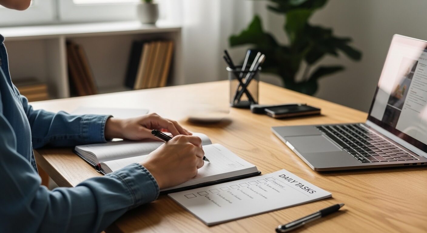 Person writing in a notebook at a desk with a daily tasks checklist and an open laptop nearby.