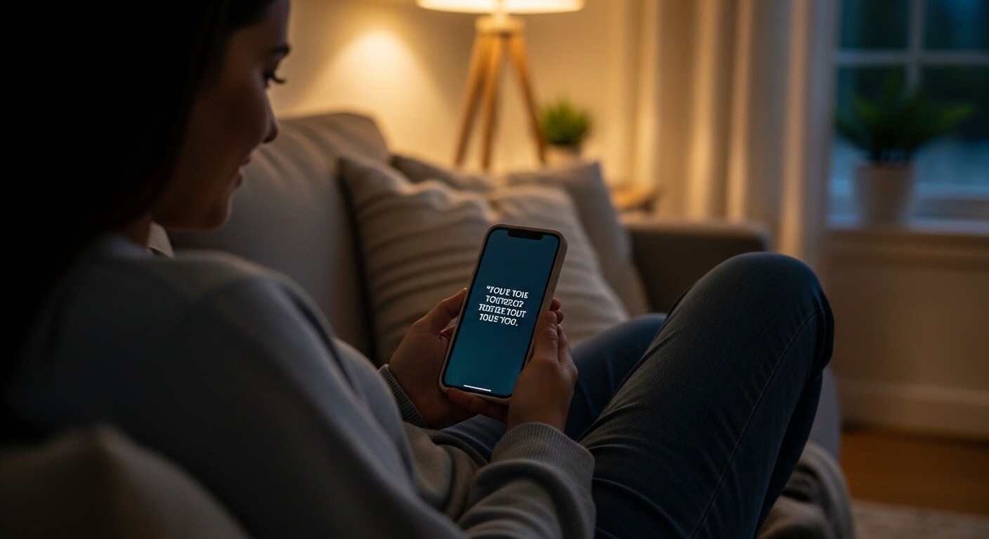 Woman sitting on a couch at night holding a smartphone displaying a quote on the screen.