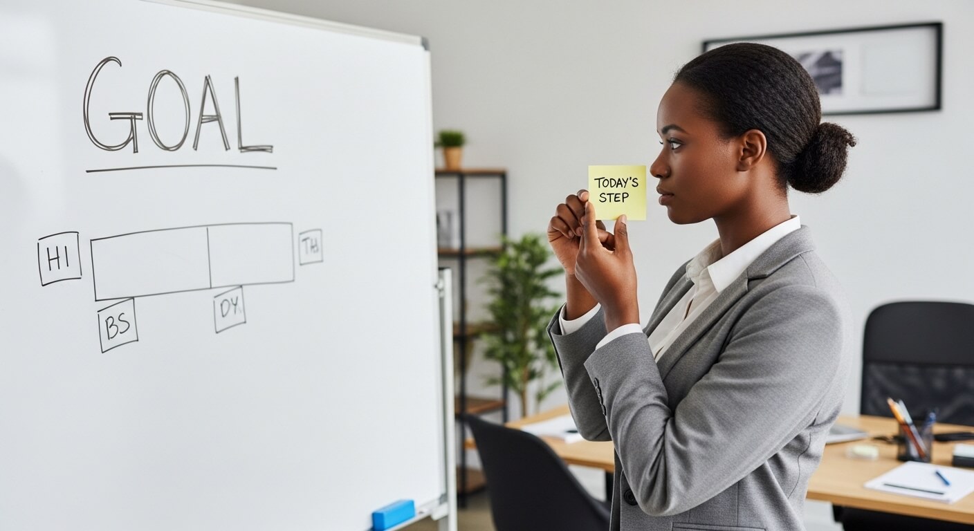 Businesswoman in gray suit holding a sticky note labeled "Today's Step" near a whiteboard with "GOAL" written on it
