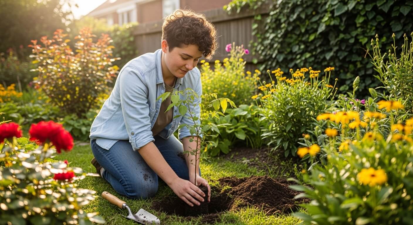 Person with short curly hair planting a young tree in a garden surrounded by flowers at sunset