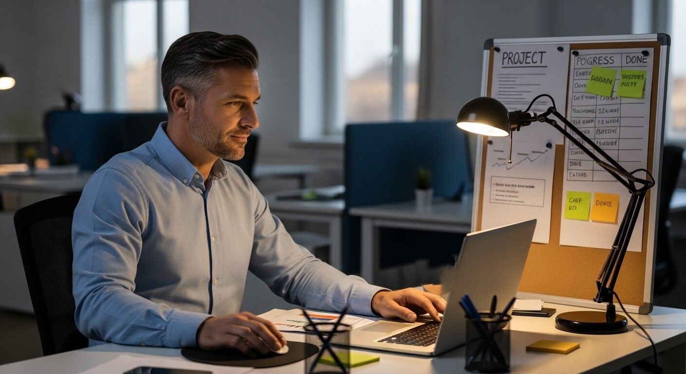 Man in blue shirt working on laptop at desk with project progress board and desk lamp in office at night