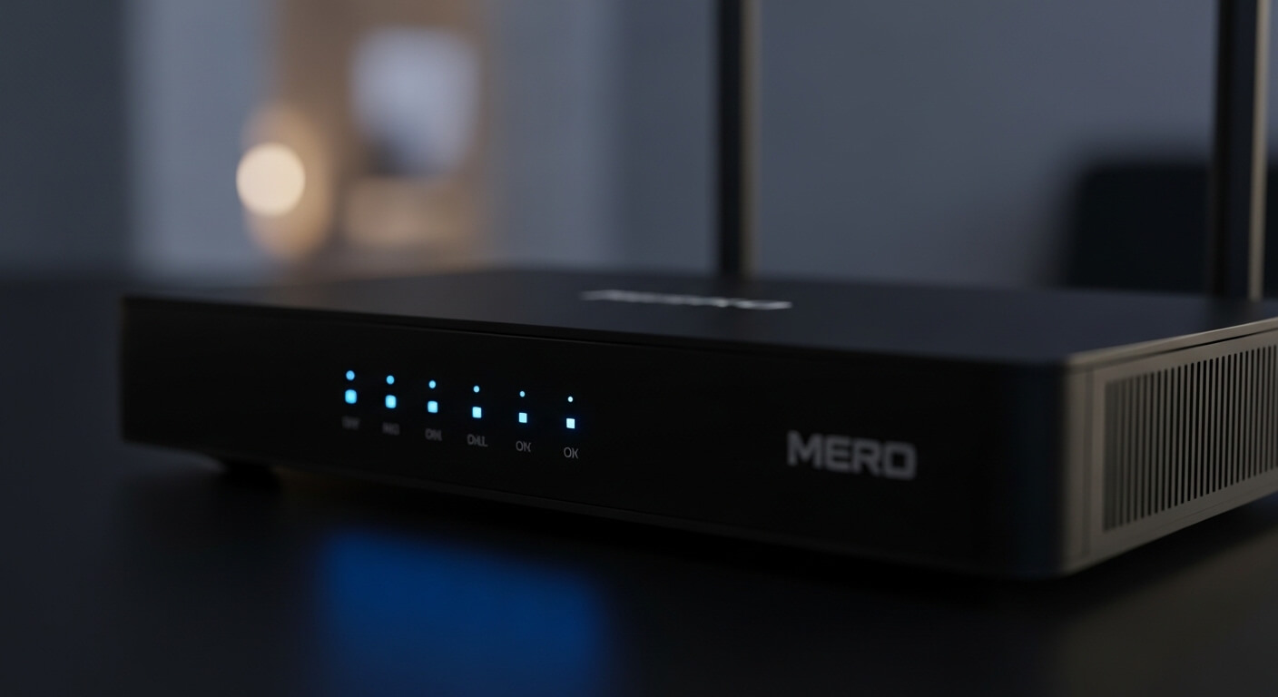 Black MERO network router with blue LED status lights on a dark surface