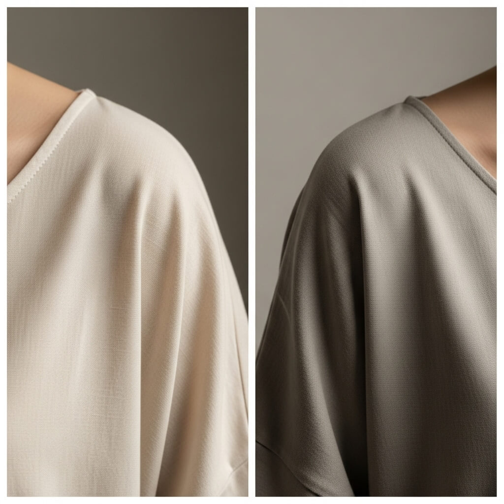 Tampilan jarak dekat dari atasan kain bertekstur V-neck krem ​​​​dan kelabu tua di bahu dengan latar belakang netral