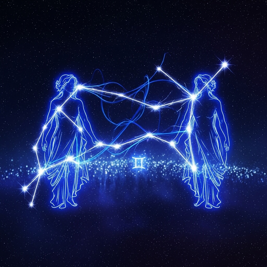 Rasi bintang zodiak Gemini digambarkan sebagai dua sosok wanita bercahaya yang dihubungkan oleh bintang di langit malam.