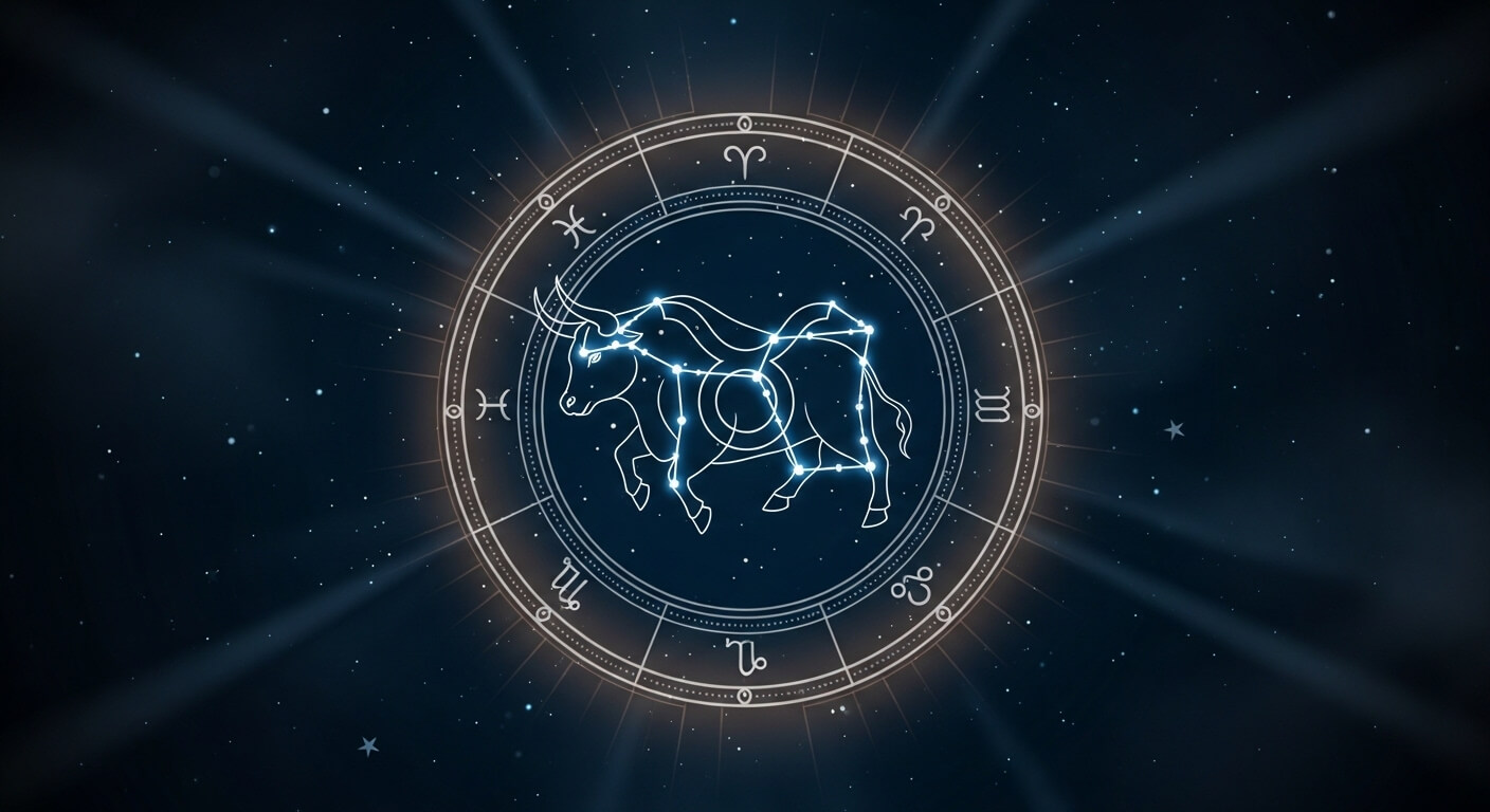 Taurus zodiac constellation glowing within a circular astrological chart on a starry background.