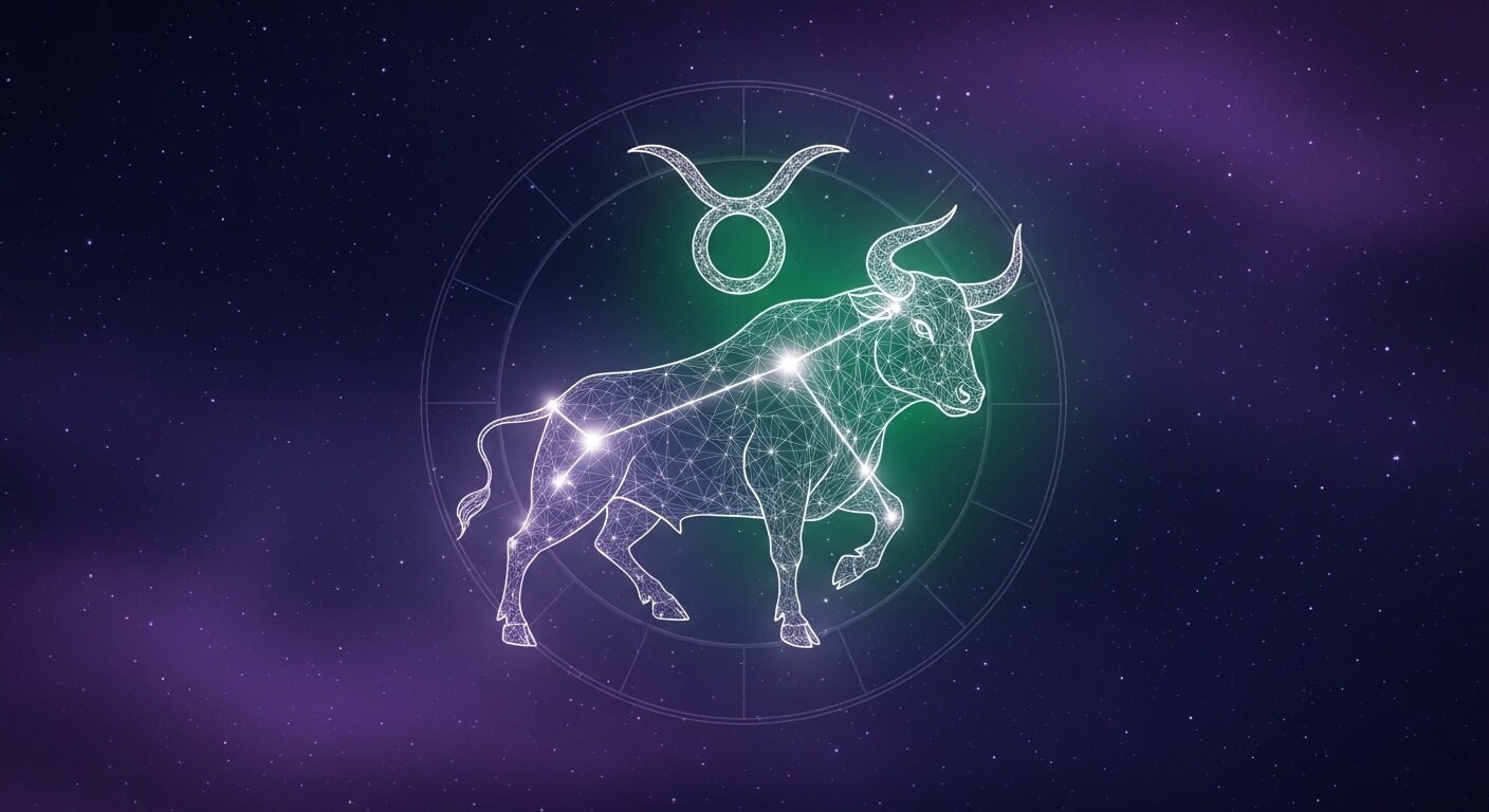 Taurus zodiac constellation depicted as a glowing bull with stars on a purple night sky background.