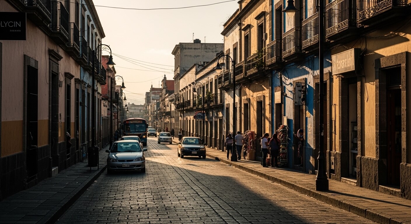 Sunlit cobblestone street with parked cars, pedestrians, and colonial-style buildings in late afternoon.