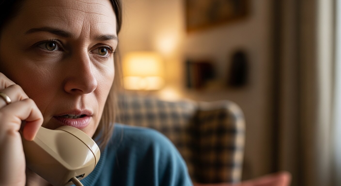 Woman with concerned expression talking on a beige landline phone in a cozy room with a checkered armchair and lamp in the background