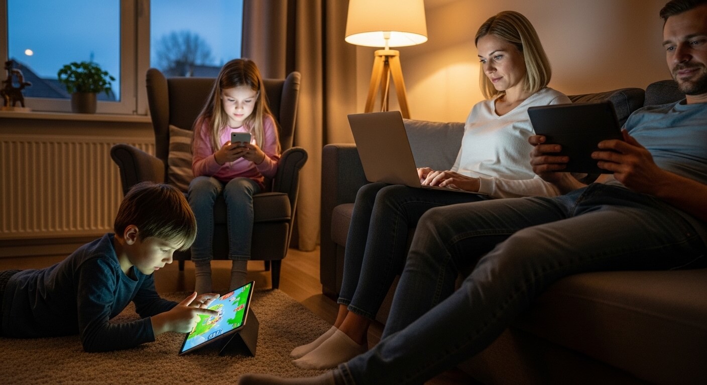 Family of four using digital devices in a living room at dusk, with a boy playing on a tablet on the floor.