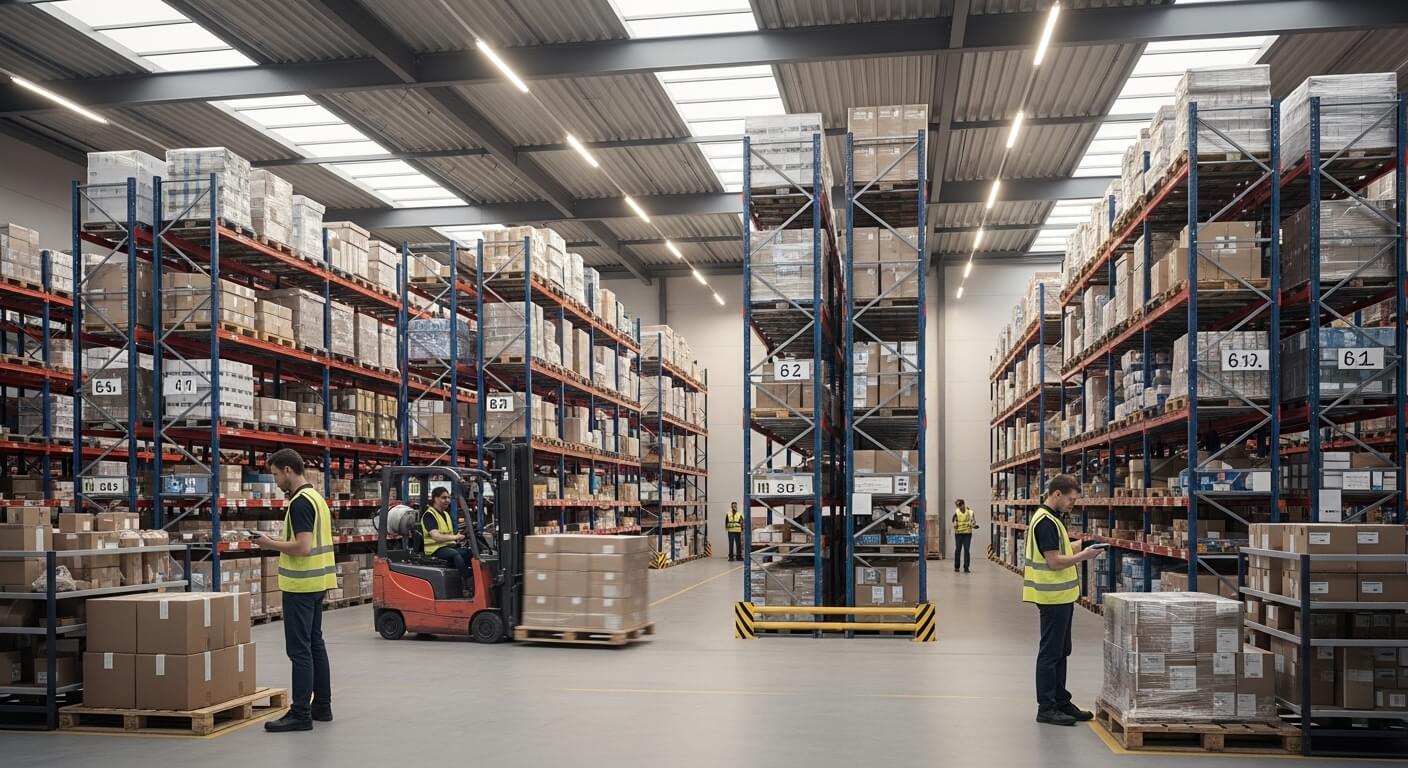 Warehouse workers in yellow vests managing inventory and operating a forklift among tall shelves of boxed goods.
