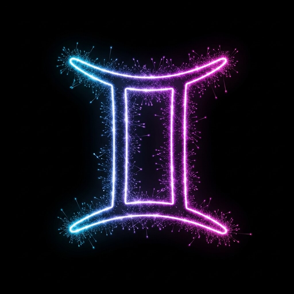 Glowing neon Gemini zodiac symbol with blue and pink particle effects on a black background