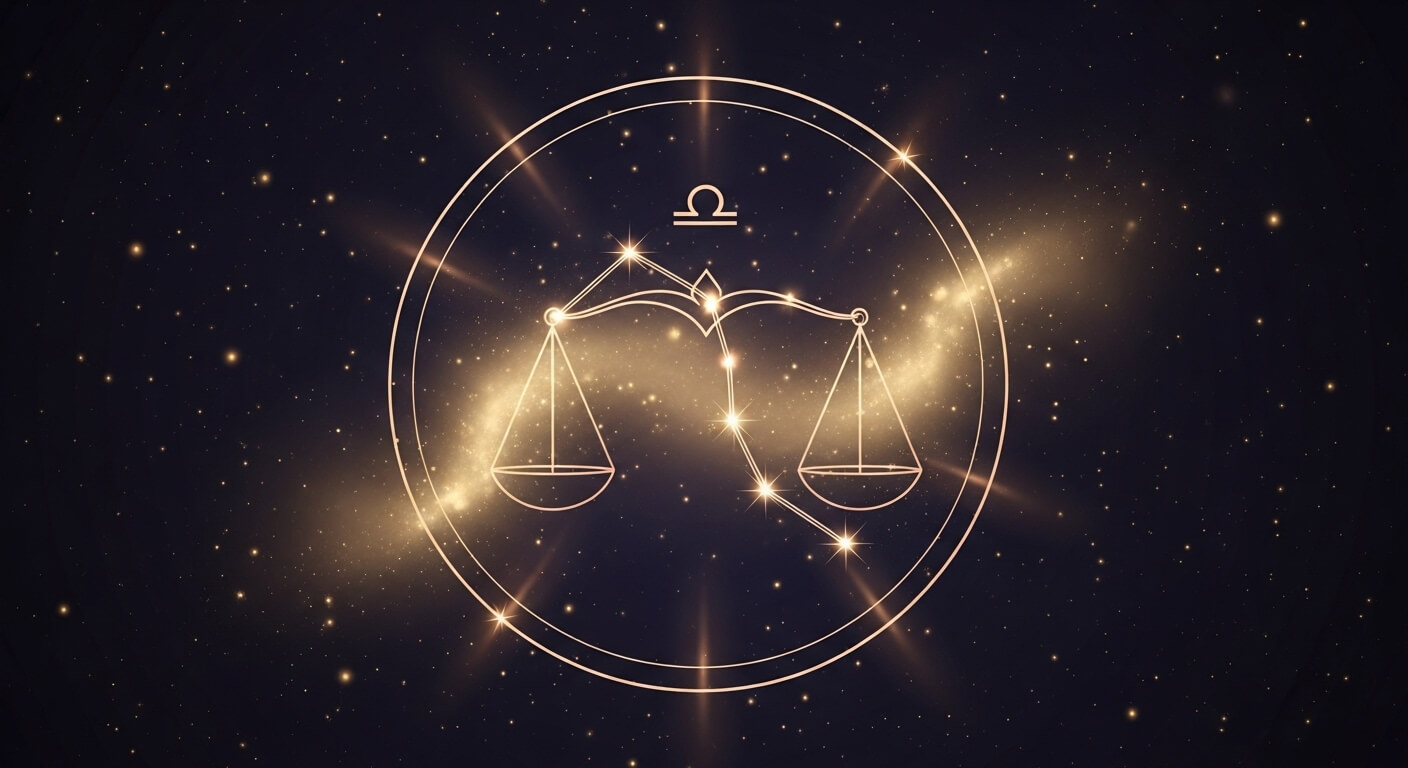 Libra zodiac sign scales glowing with stars and galaxy background in space