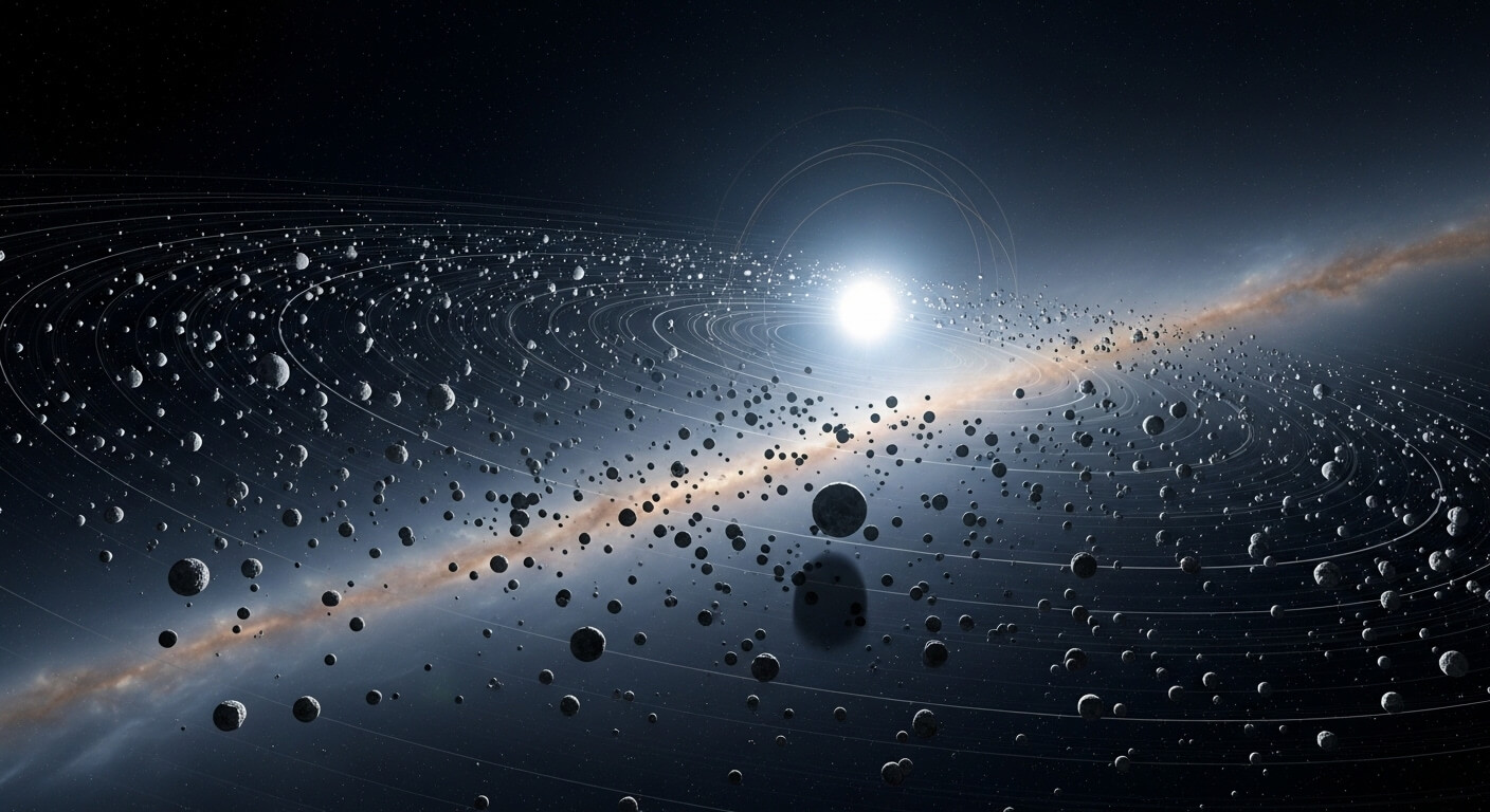 Dense asteroid belt orbiting a bright star with a distant galaxy visible in the background.