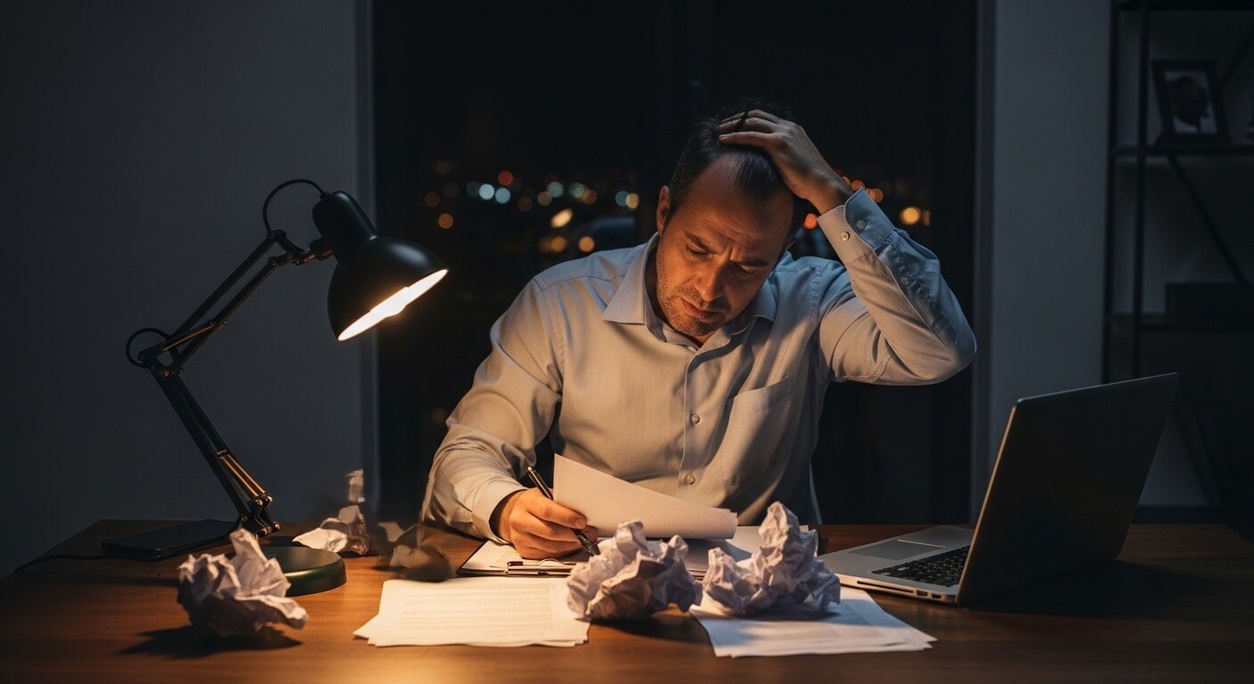 Man in white shirt working late at desk with laptop, papers, and desk lamp, looking stressed and holding his head.