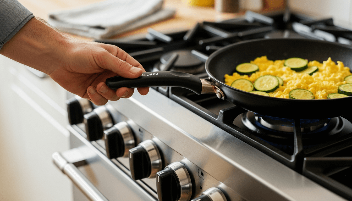 Hand holding a frying pan labeled "MEDIUM" cooking scrambled eggs with zucchini slices on a gas stove burner.