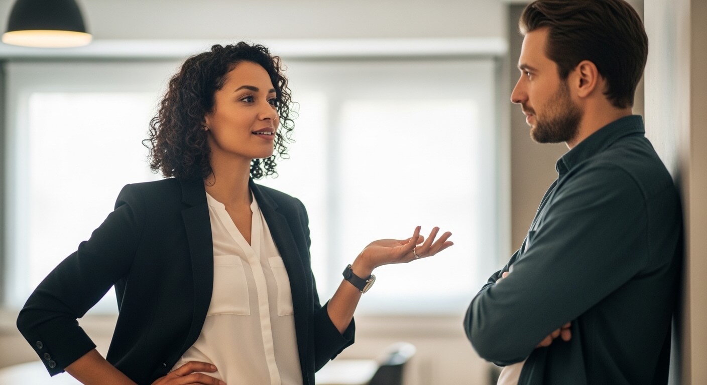 Woman in black blazer talking to man in dark shirt leaning against wall in office setting