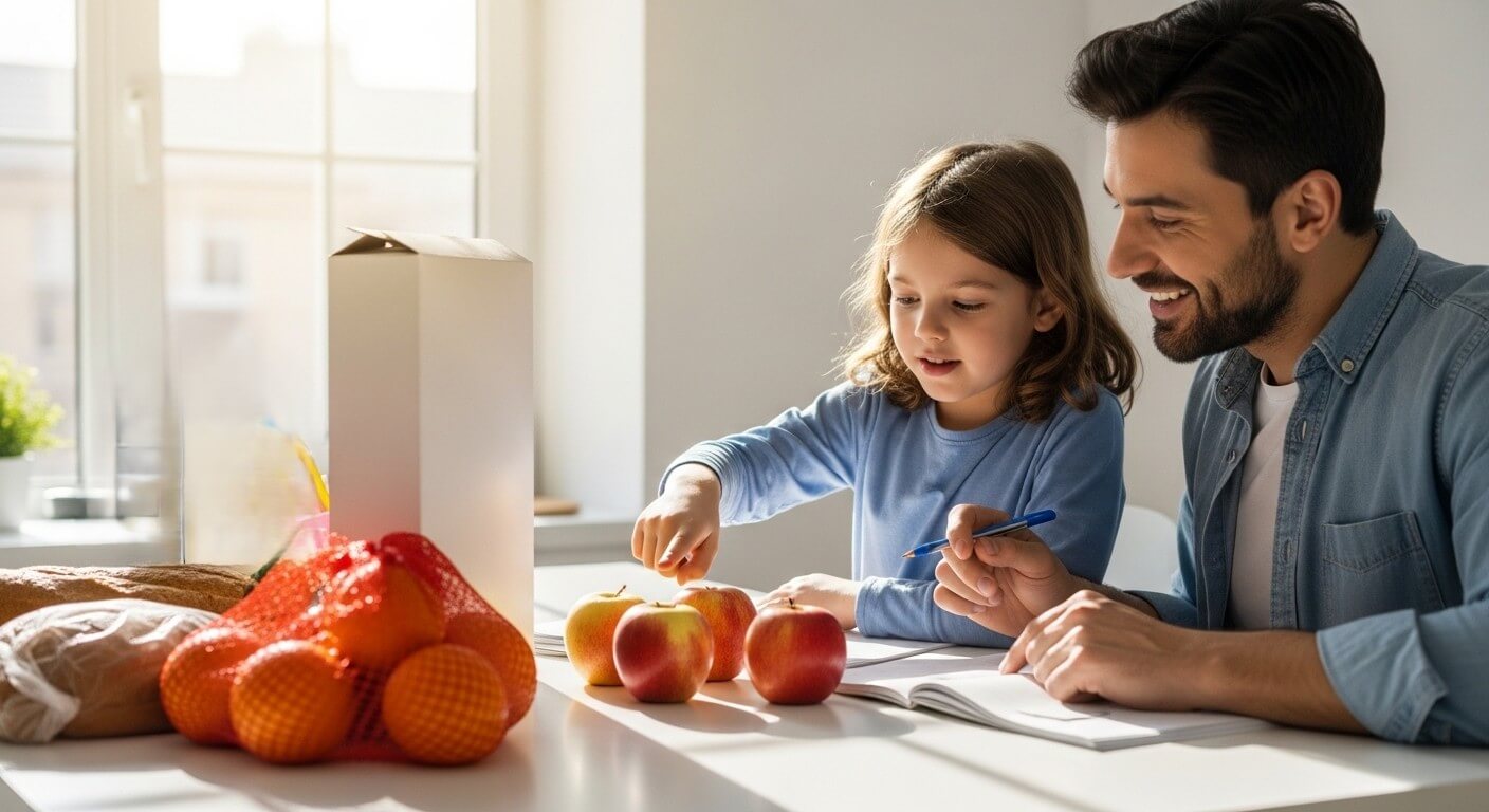 Father and daughter counting apples on a table with groceries in a sunlit kitchen.