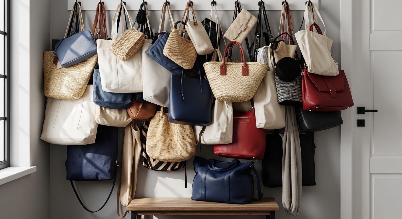 Various handbags and tote bags hanging on wall hooks above a wooden bench in a bright room
