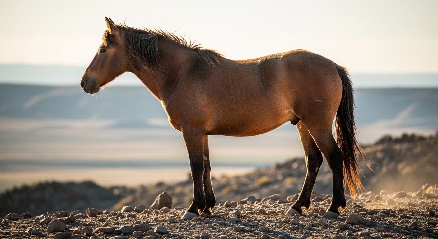 Brown horse standing on rocky terrain with a blurred mountainous background at sunset.