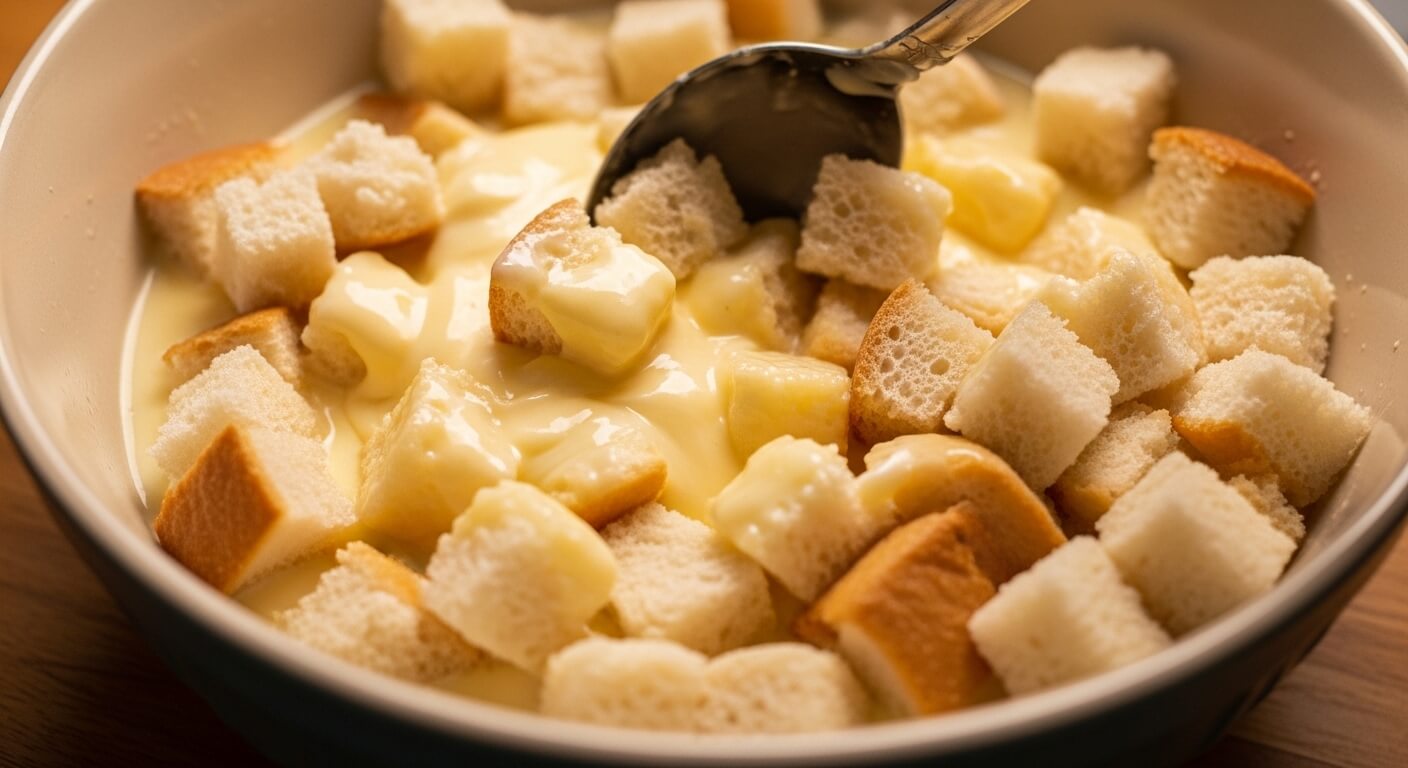 Bowl of cubed white bread soaked in creamy custard with a spoon stirring the mixture