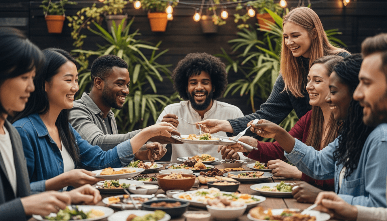 Diverse group of friends smiling and sharing food around a table filled with various dishes outdoors.